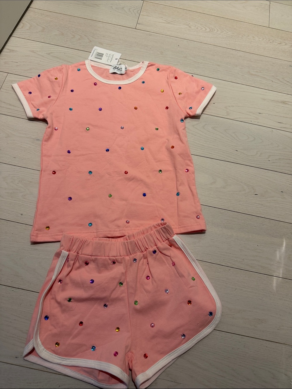 Lola + The Boys peachy Pink Short Sleeve Pajama Set with Multicolor Dots